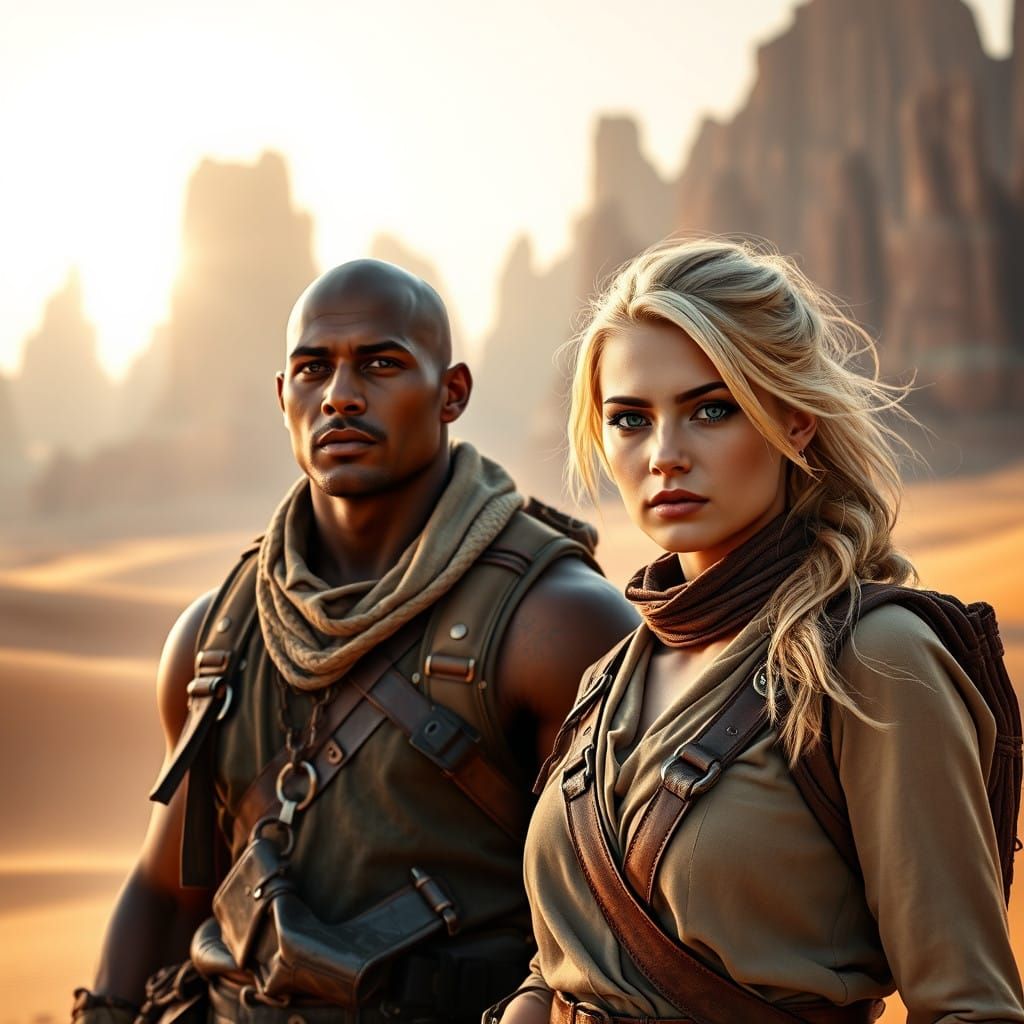 Bronzed Adventurers Stand Tall in Sahara Desert Landscape