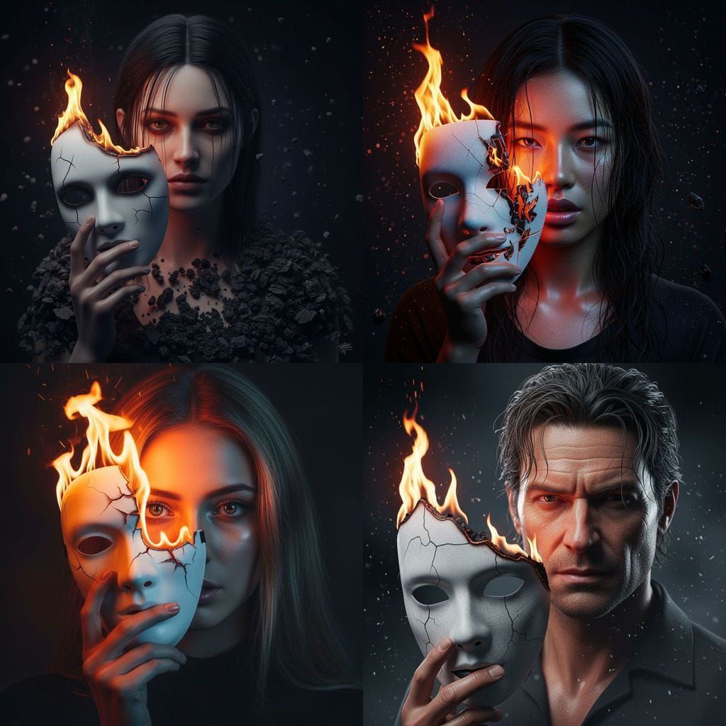 Burning Mask: Hyperrealistic Portrait in Dramatic Lighting