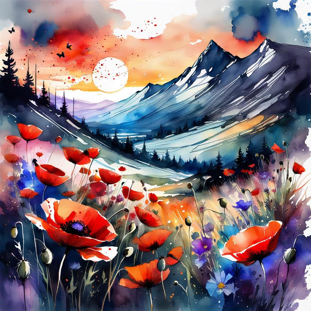 Night Meadow Digital Watercolor Sci-Fi Landscape
