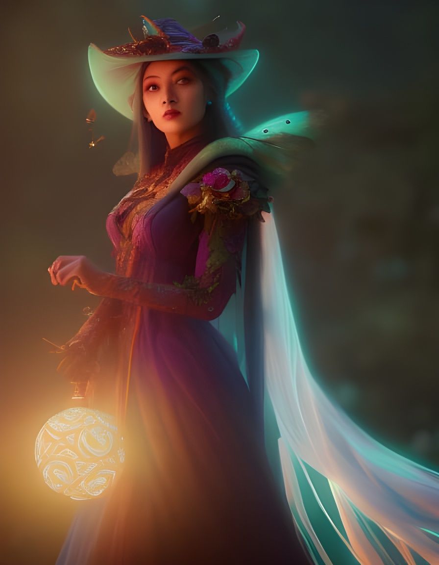 Beautiful Witch with Magic Lights in Watercolor Style