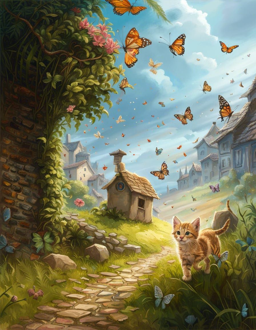 Tabby Kitten's Butterfly Chase in Whimsical Village