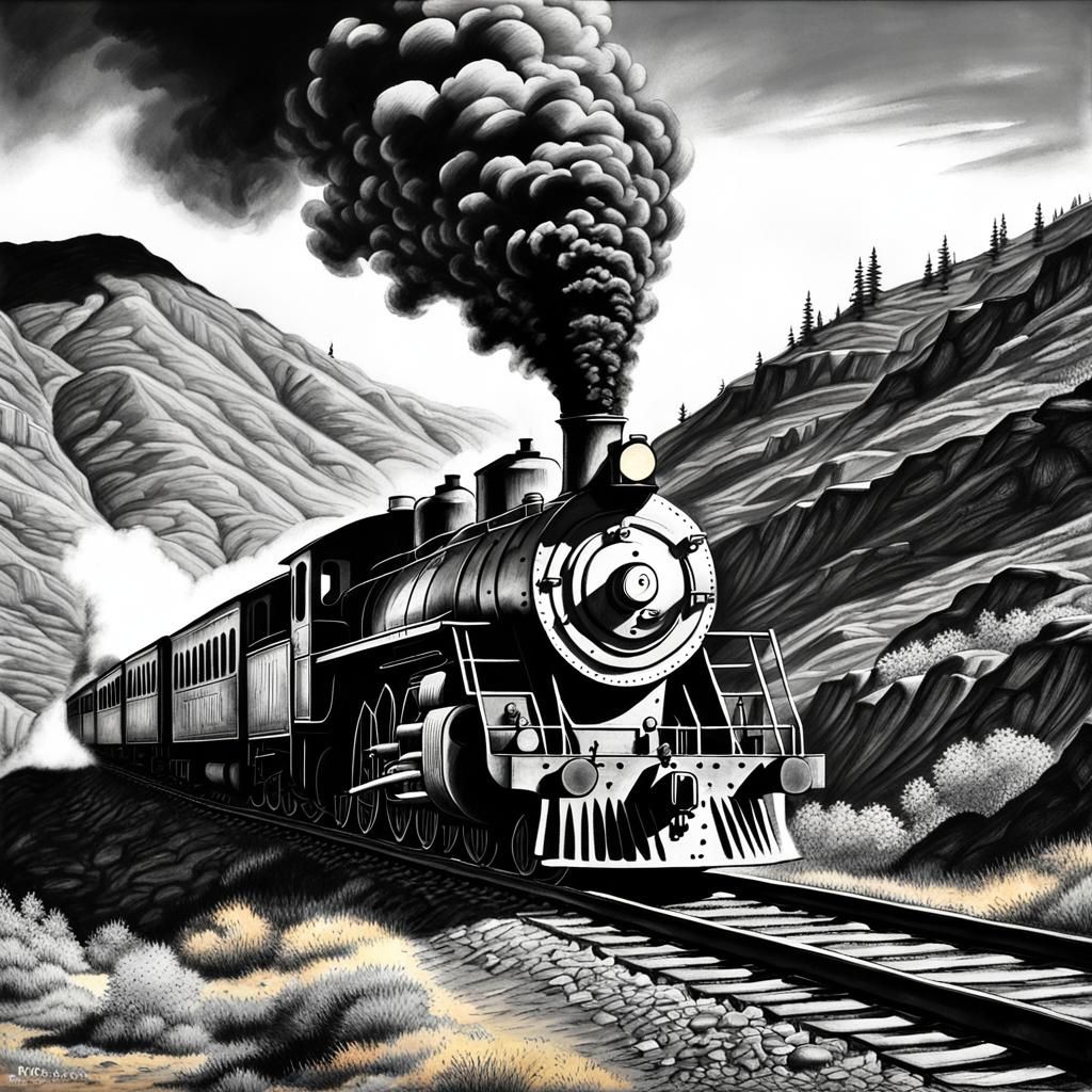 Vintage Train Emerges from Tunnel in Charcoal Drawing