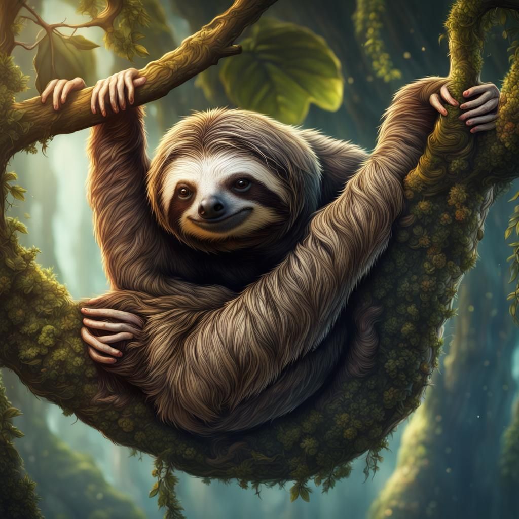 Sloth on Branch: Detailed Fantasy Concept Art