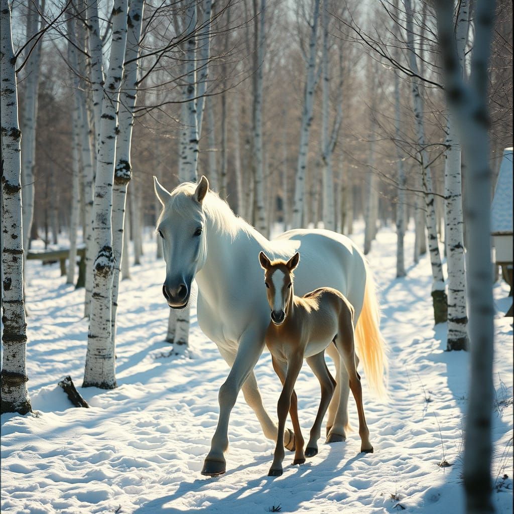 Ethereal Birch Forest Scene with Regal White Horse and Foal