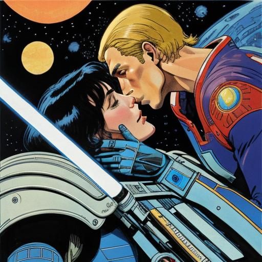 Romantic Kiss in Retrofuturist Sci-Fi Illustration
