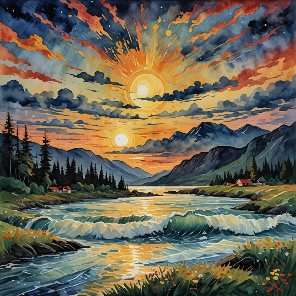 Epic Impressionist Midnight Sun in Gouache Style