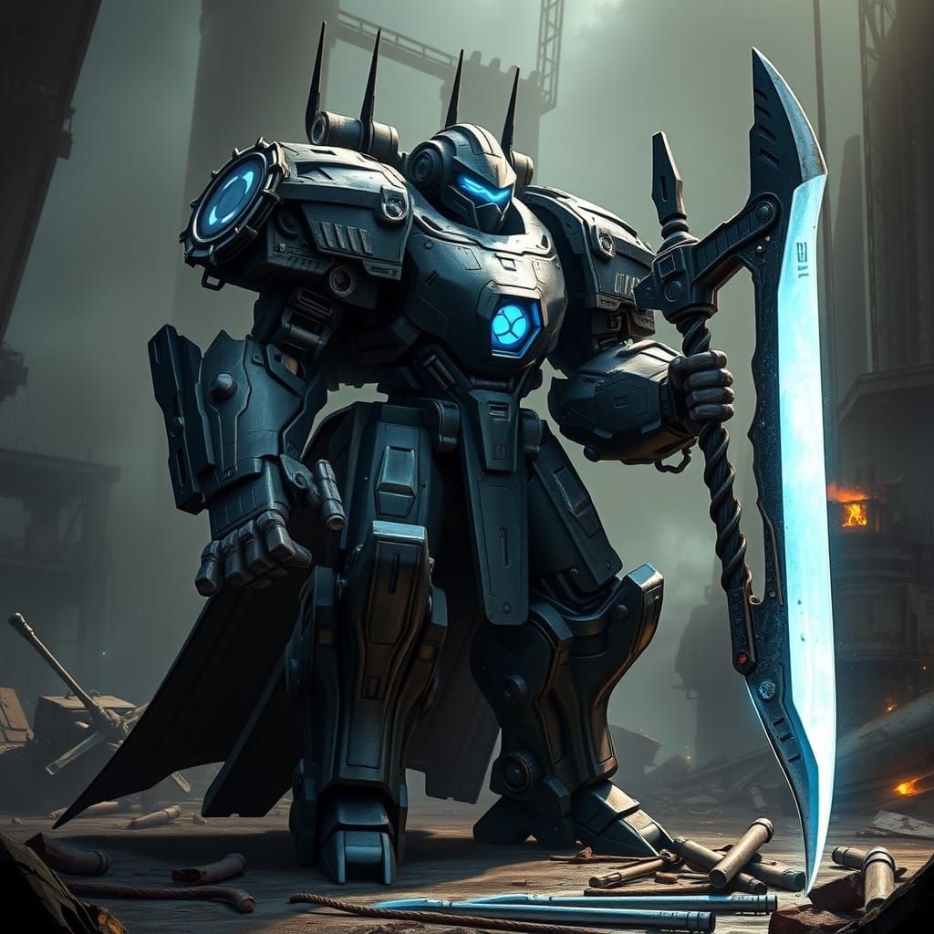 Cyberpunk Mech Knight with Blue Energy Glow