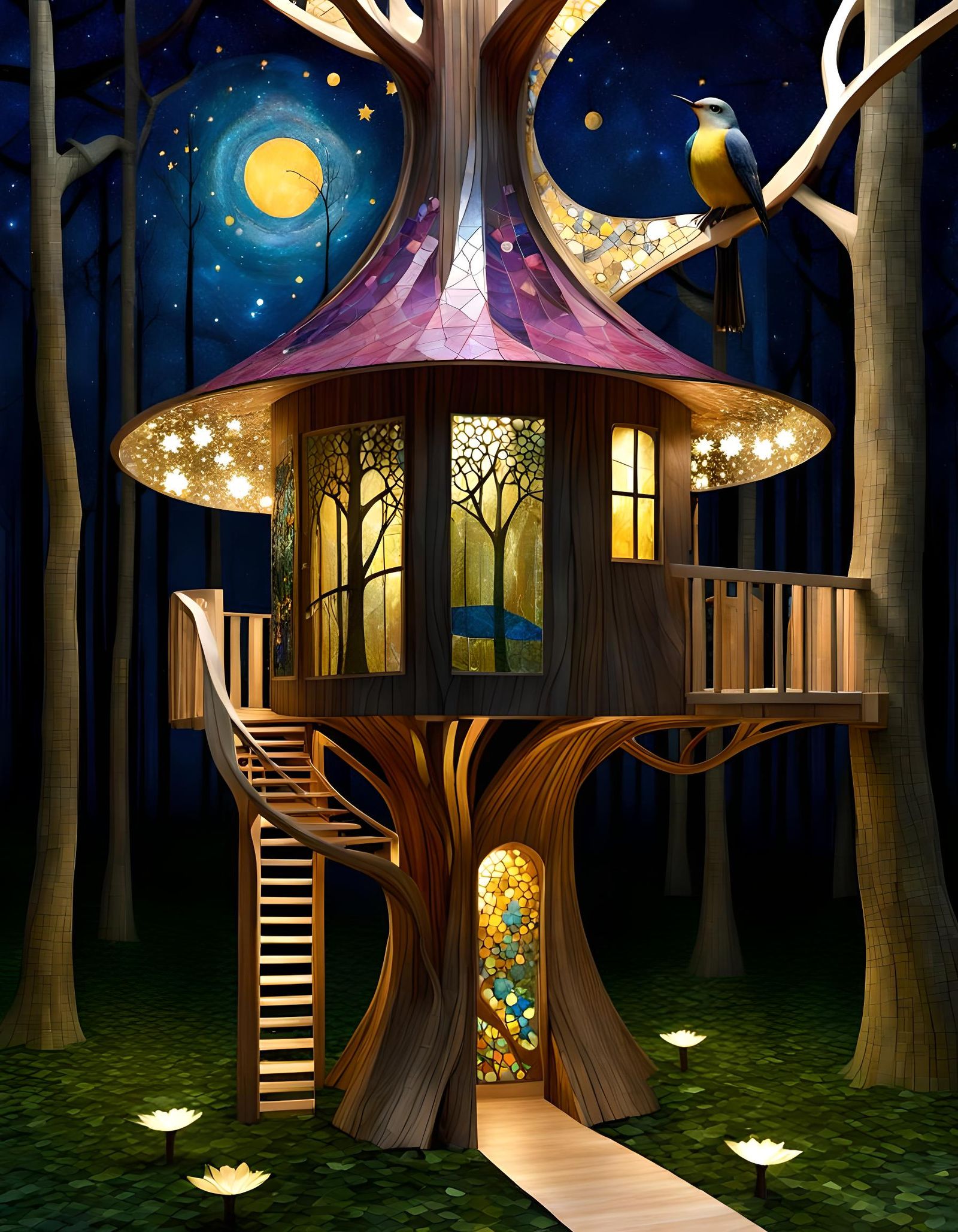 Fantastical Nighttime Treehouse with Lightbirds