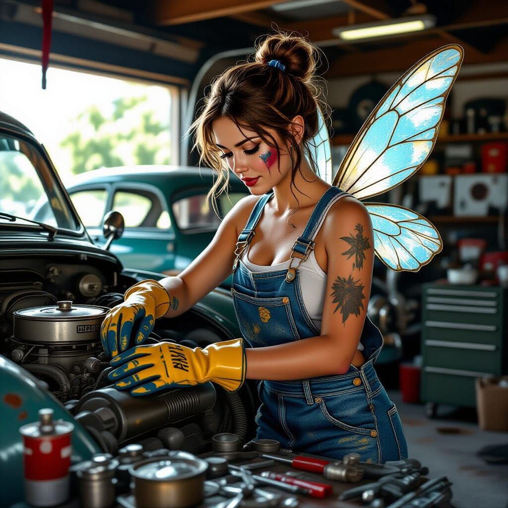 Fairy Mechanic Working on Vintage Car Engine