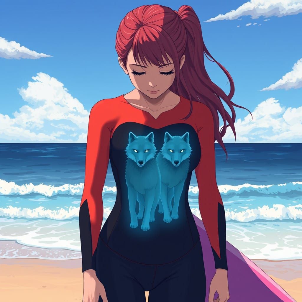 Ethereal Surfer Goddess with Ghostly Wolf Spirits