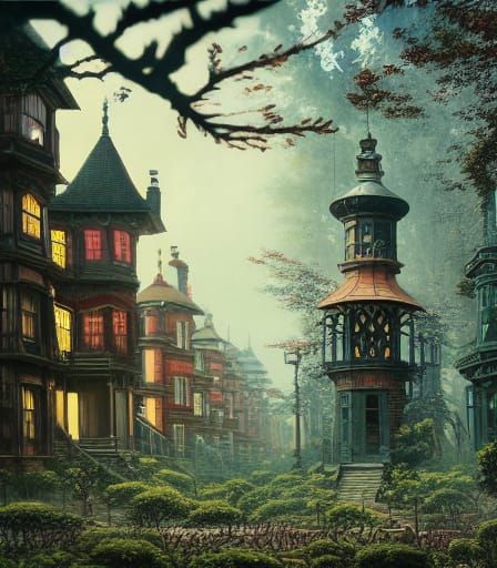 Victorian City in Sinister Woods, Studio Ghibli Style