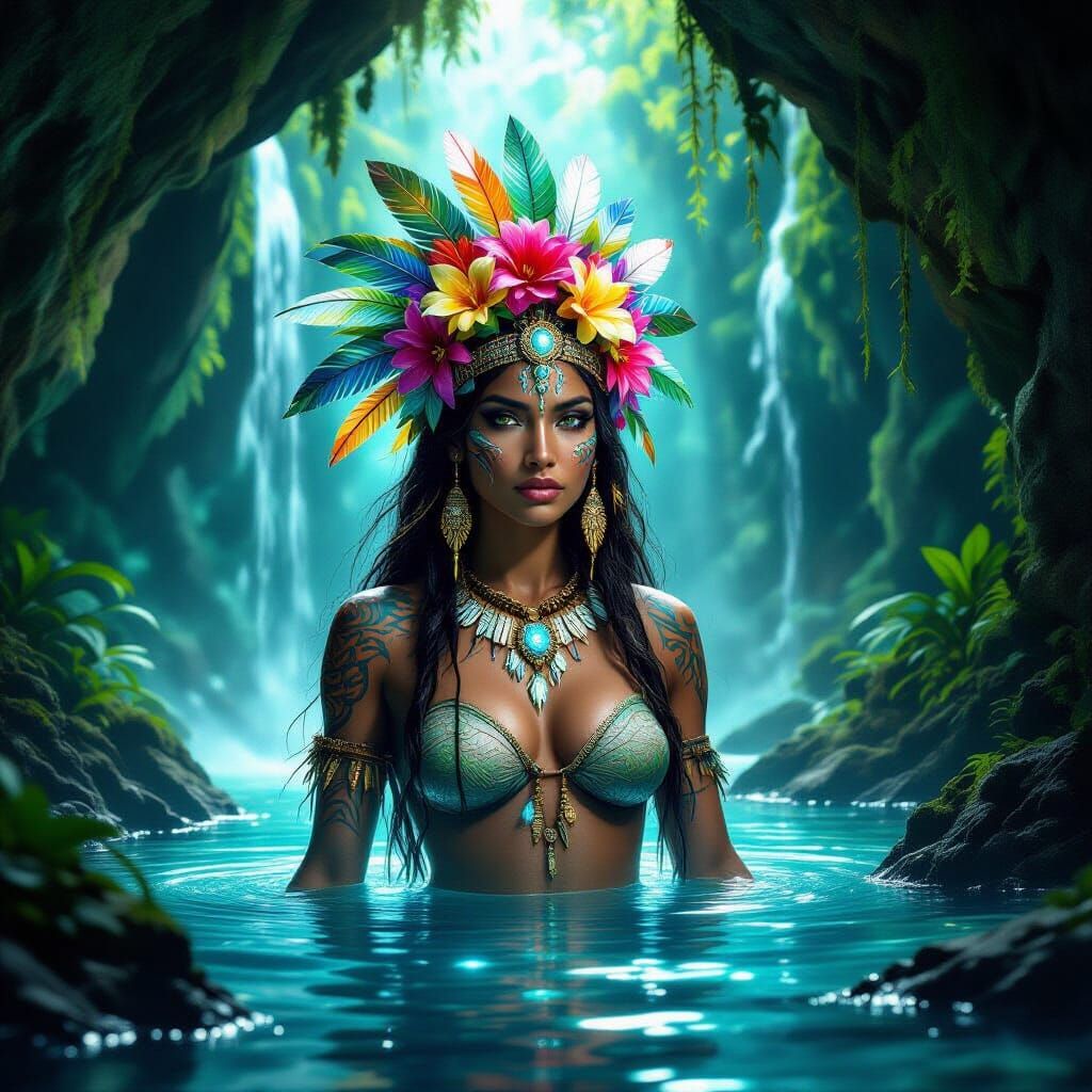 Taino Goddess Emerges from Bioluminescent Waterfall