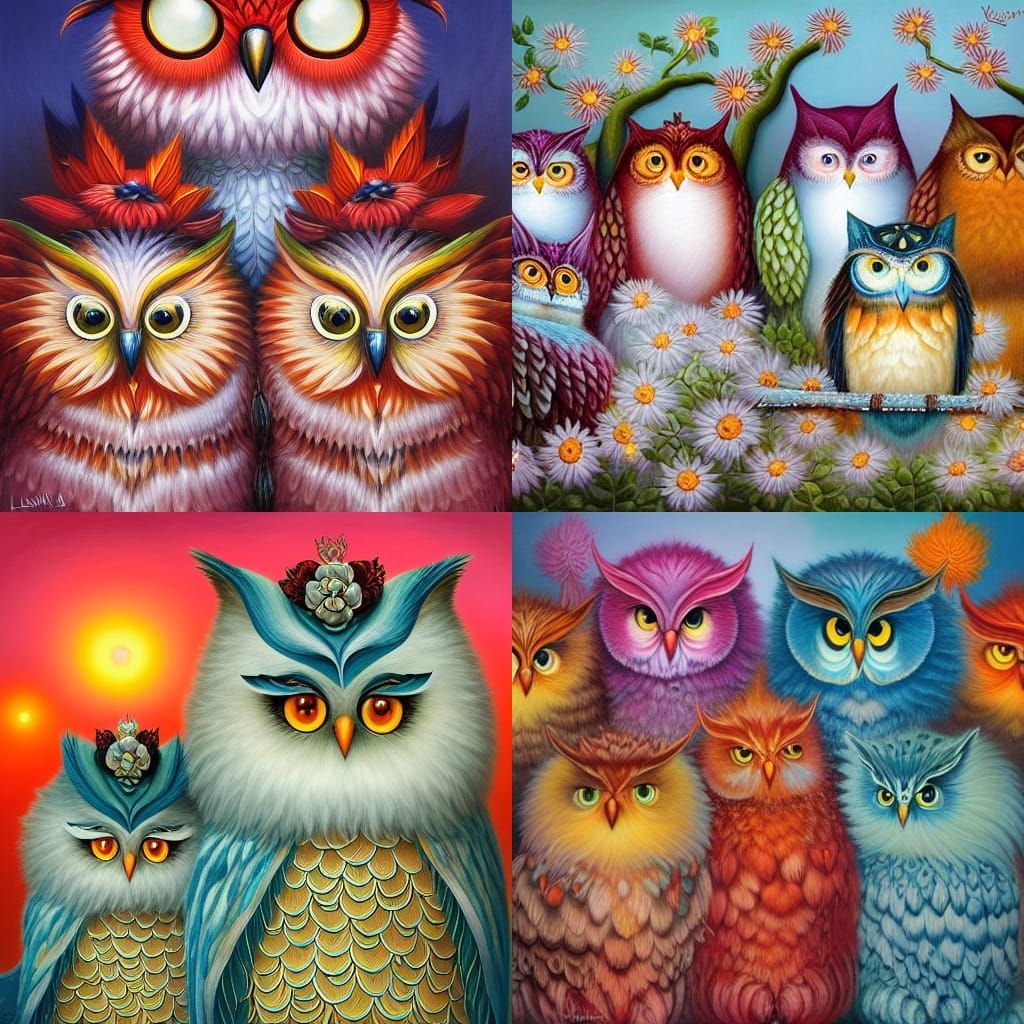 Fantasy Owls in Detailed Oil Painting Style