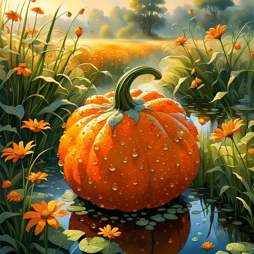 Dew-Covered Gourd and Wildflowers Fantasy Illustration