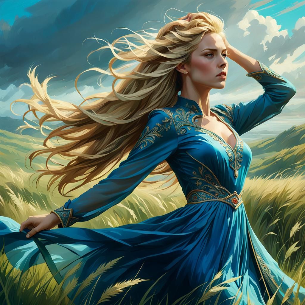 Blonde Beauty in Blue Dress, Digital Painting