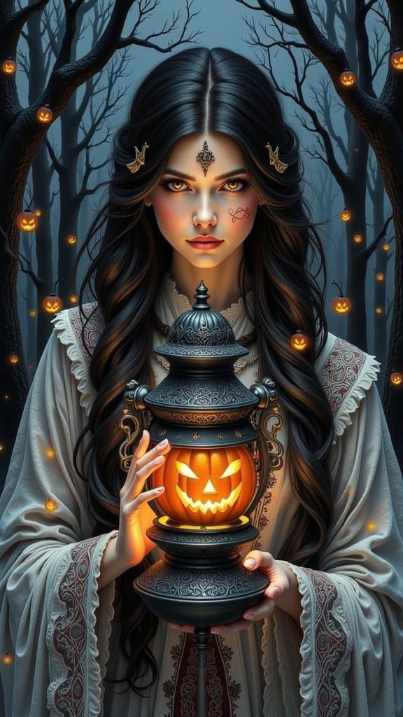 Goddess of Halloween With Magic Sparks in Hyperrealistic Sty...