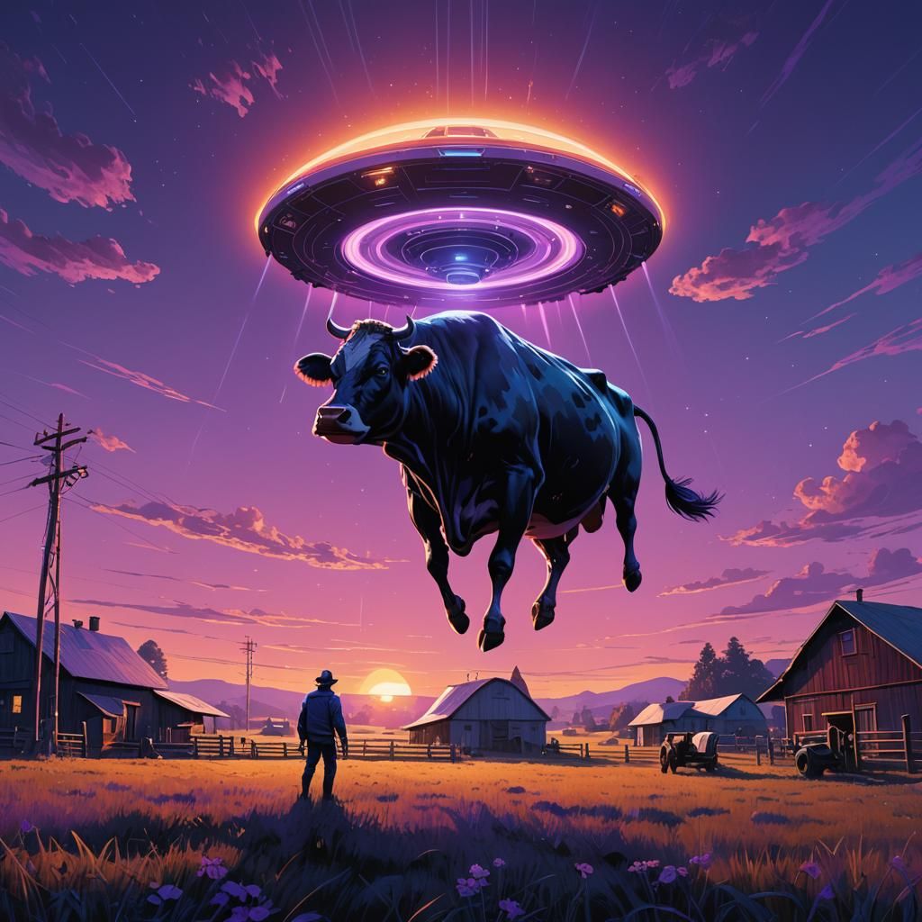 Cow Abduction at Sunset in Digital Art Style