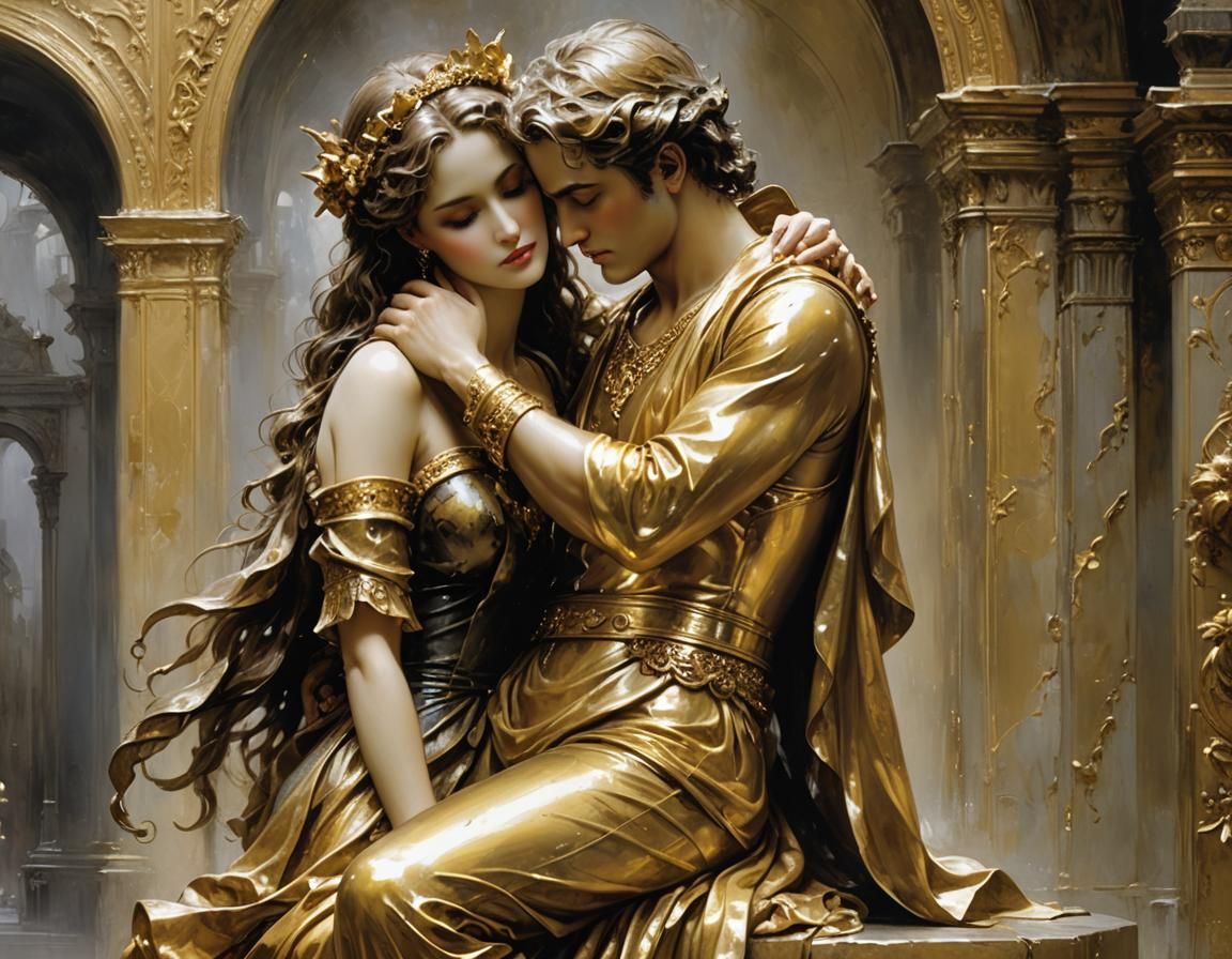 Golden Statue of Embracing Couple: Romantic Art
