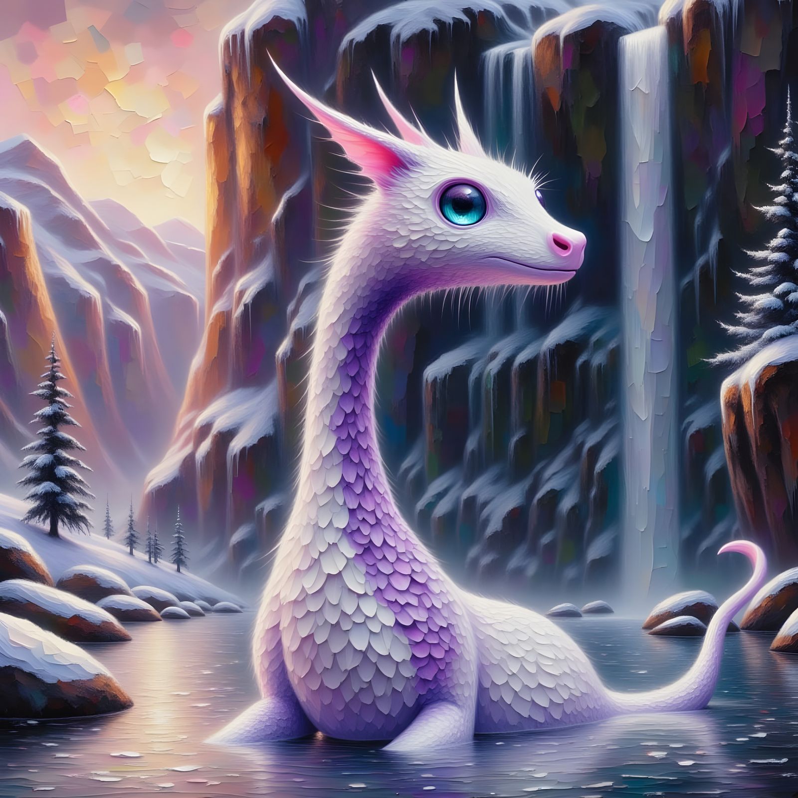 Frost White Cryptid in Snowy Valley, Impasto Style