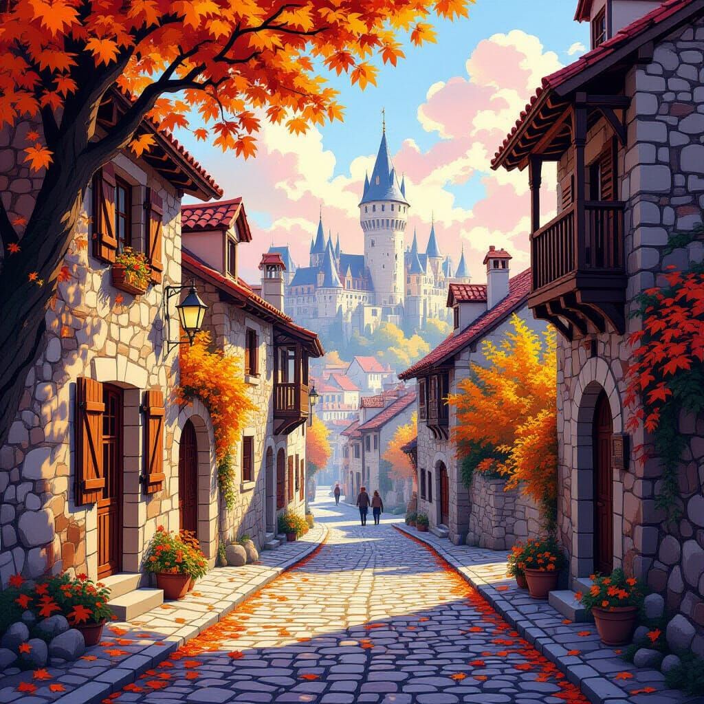 Charming Autumn Street Scene in Anime Style