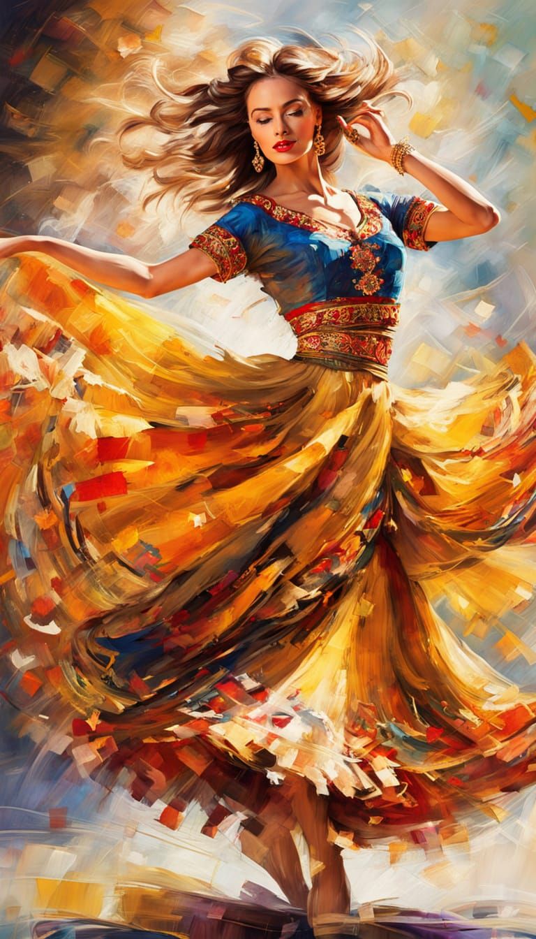 Energetic Romani Girl Dancing in Folk Art Style