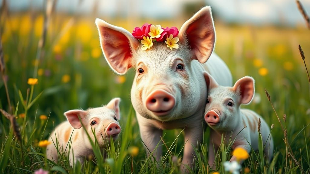 Summer Meadow Scene with Pig Mother and Her Playful Children
