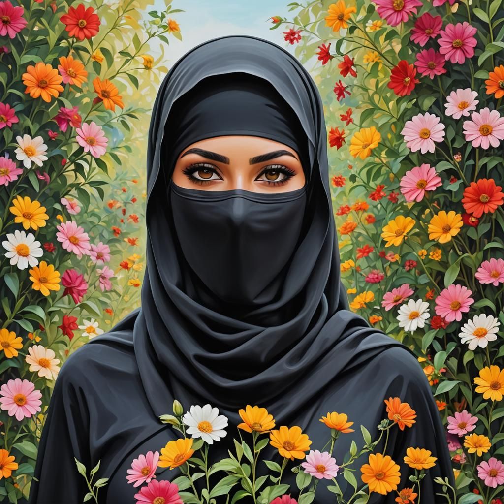 Beautiful Niqabi Woman Portrait in Oil-Guache Style