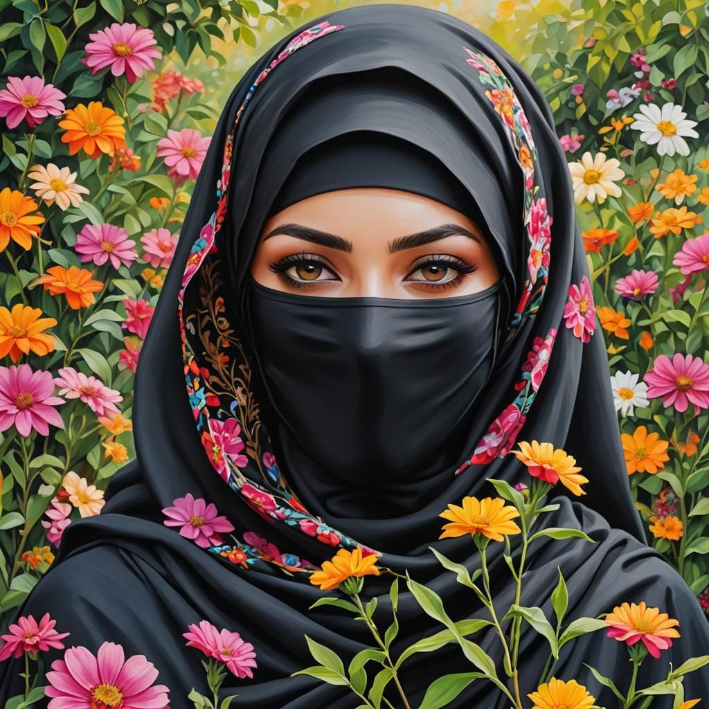 Beautiful Niqabi Woman Portrait in Oil Guache Style