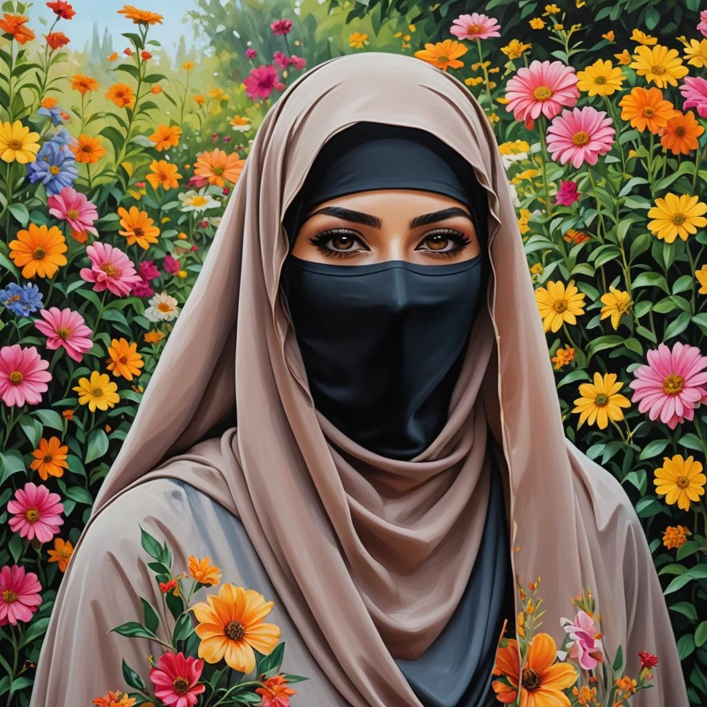 Beautiful Niqabi Woman Portrait in Oil-Guache Style