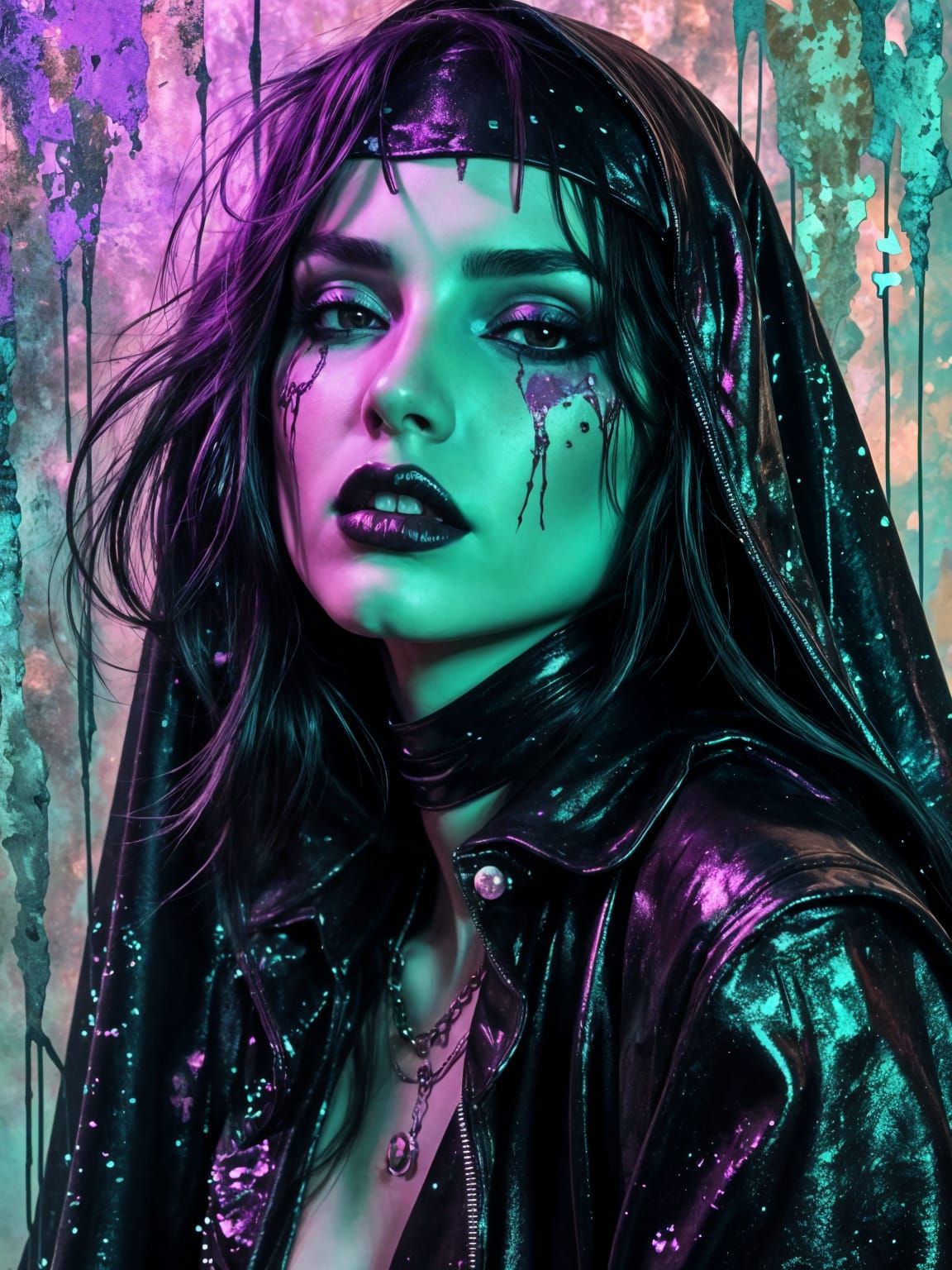 Spectral Gothic Nun in Retro-Futuristic Neon Grunge
