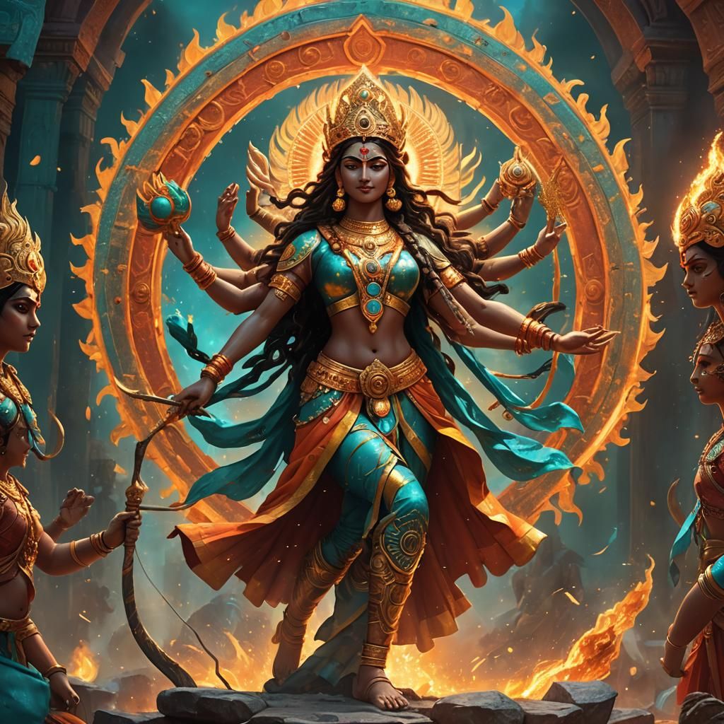 Goddess Durga in Fiery Halo, Fantasy Concept Art