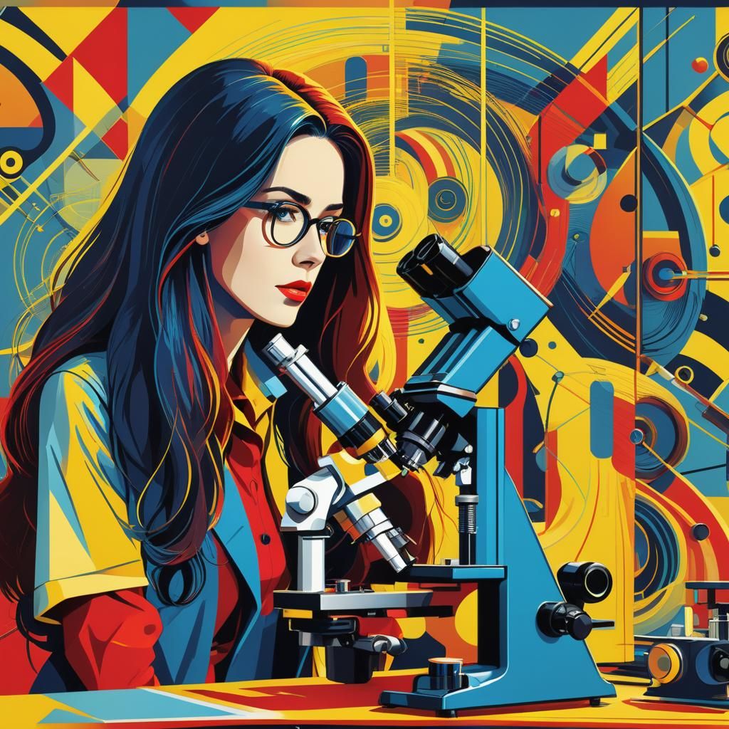 Biologist Observing Microscope in Pop Art Style