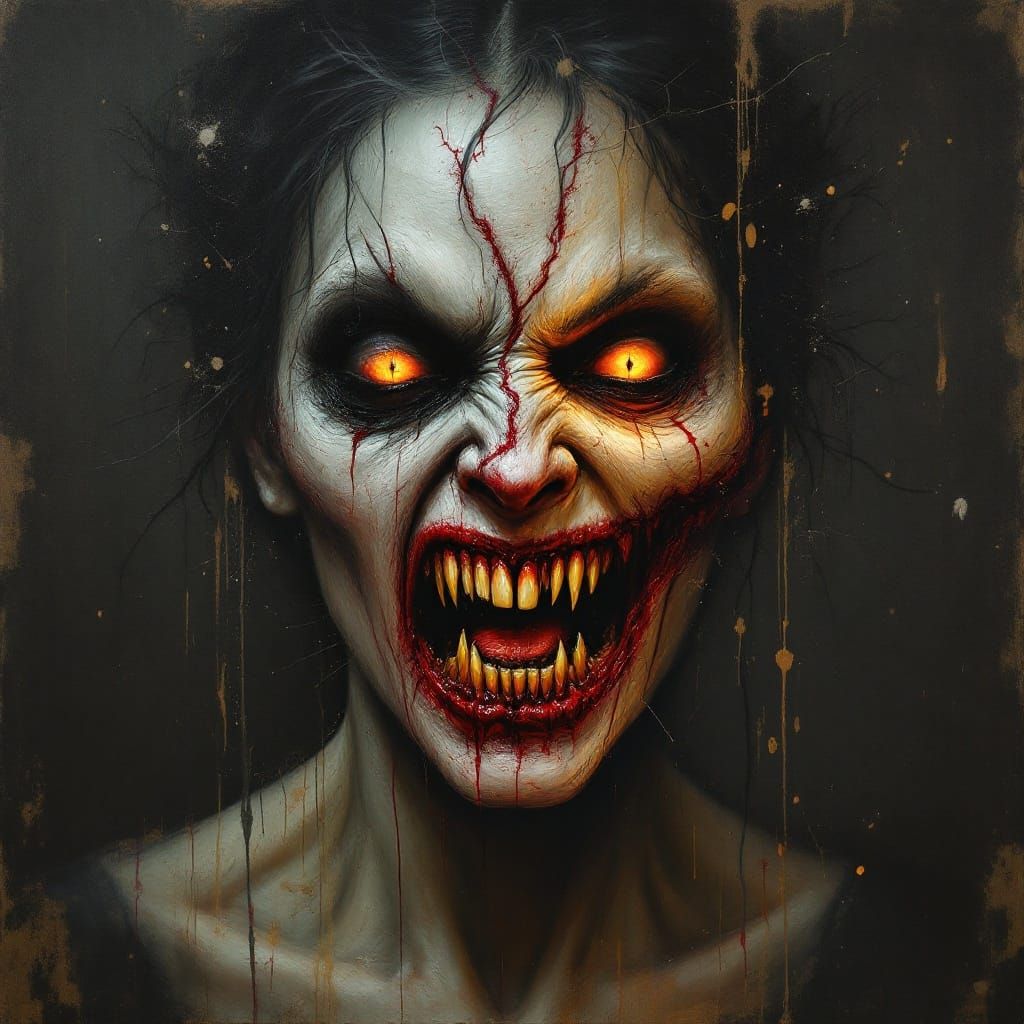 Macabre Vampire Visage in Grotesque Oil Painting