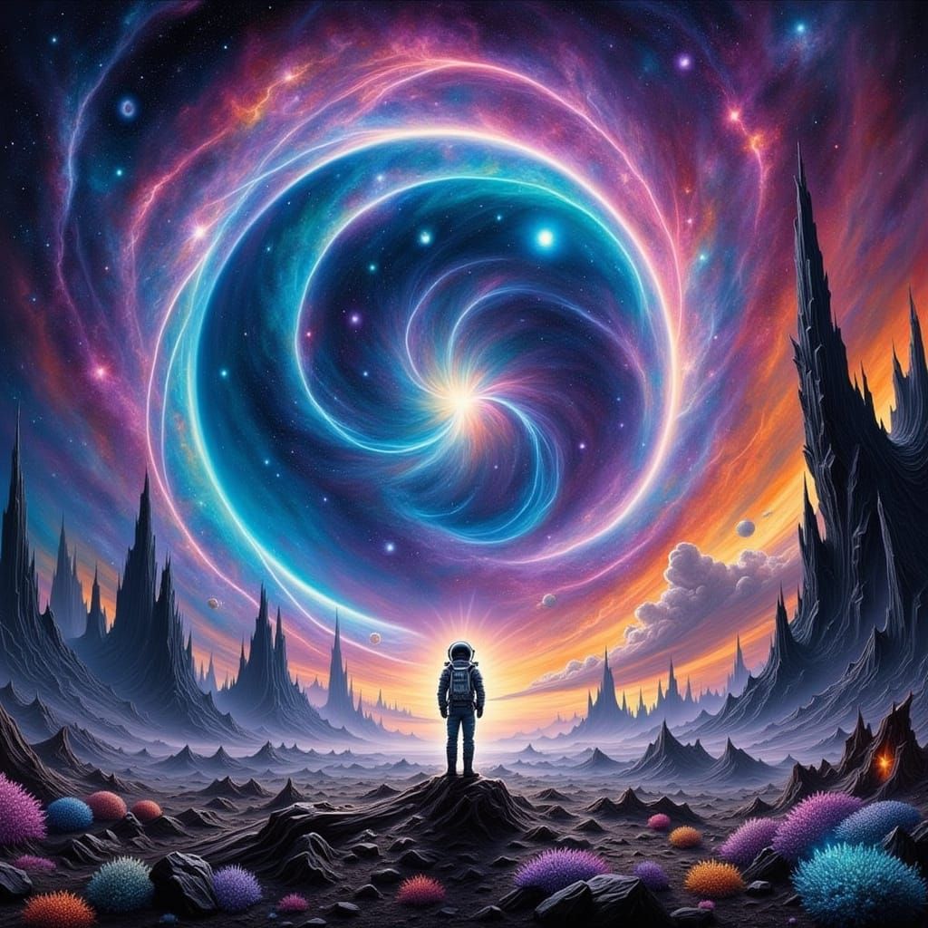 Astronaut Gazes at Vibrant Nebula on Alien Planet