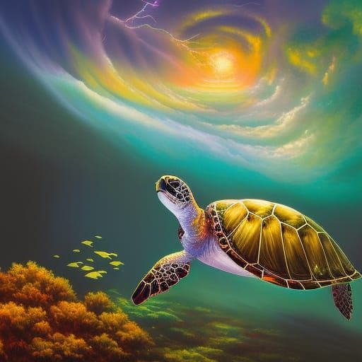 Golden Green Sea Turtle in Fantasy Landscape