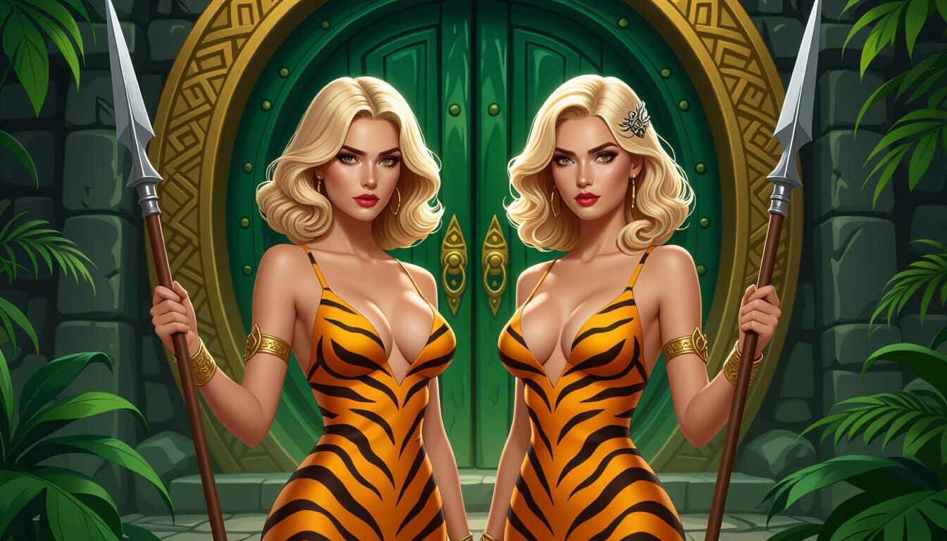 Two Women in Tiger-Striped Gowns Guarding a Mystical Jungle ...