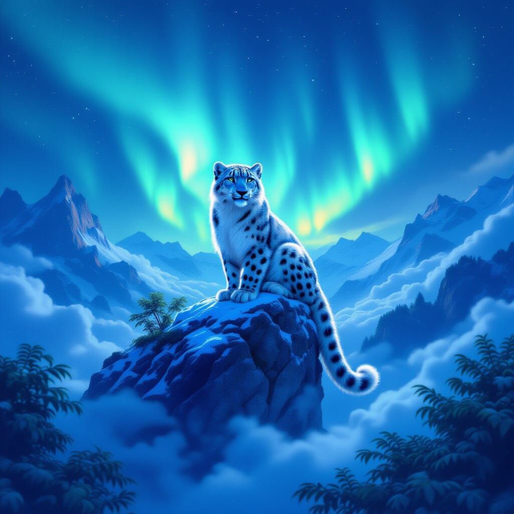Snow Leopard in Bioluminescent Jungle Under Aurora