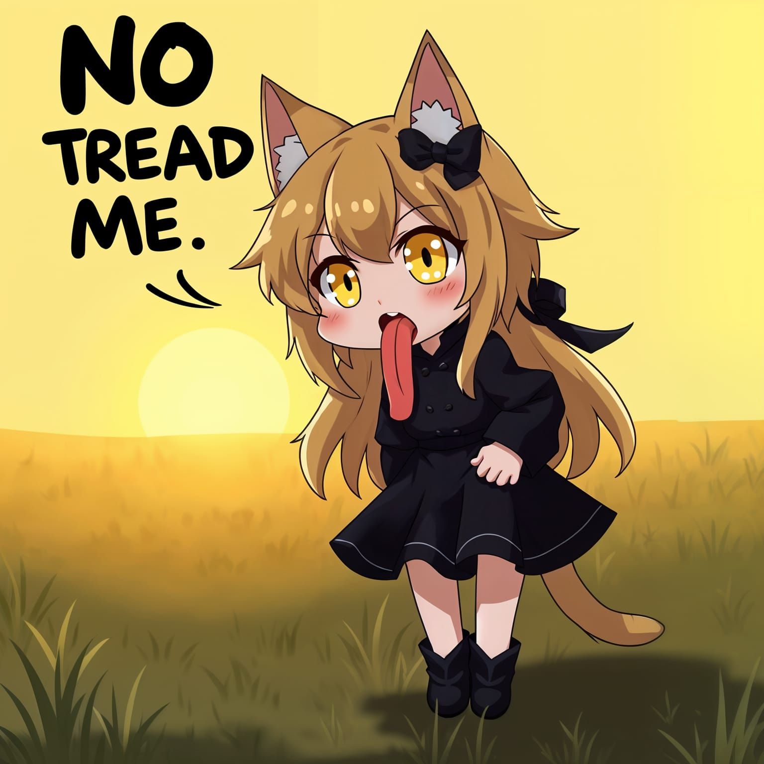 Cute Anime Catgirl Warns of Danger in a Sunrise Meadow