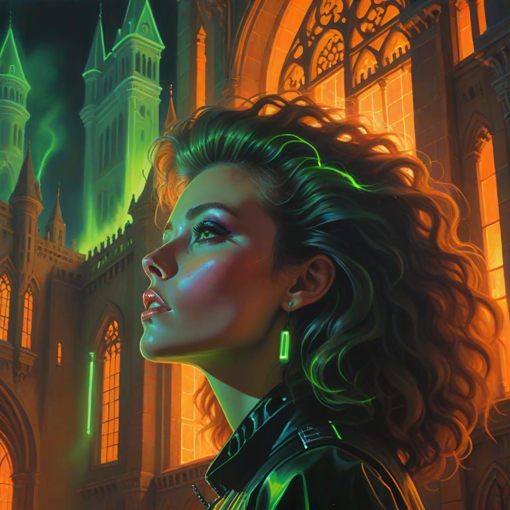 Cyberpunk Woman Gazes at Gothic Palace in Neon Noir