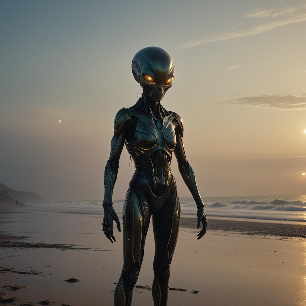 Alien Woman on Deserted Beach at Dawn