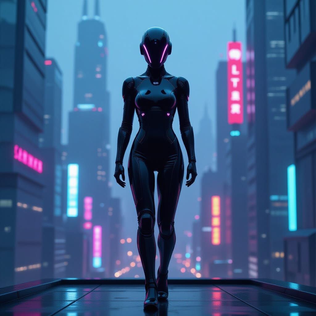 AI Humanoid in Neon-Lit Futuristic Metropolis