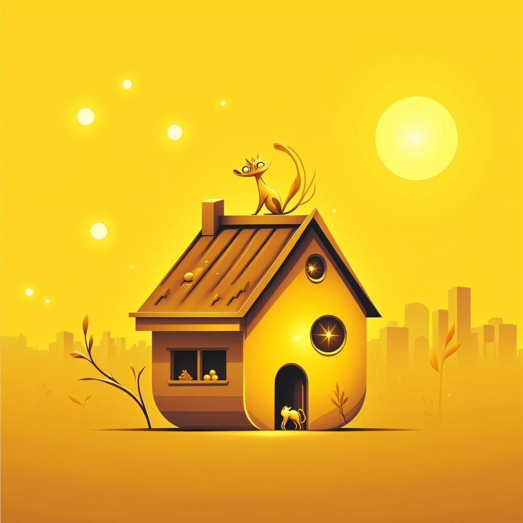Minimalist Cat on Roof in Yellow Tones