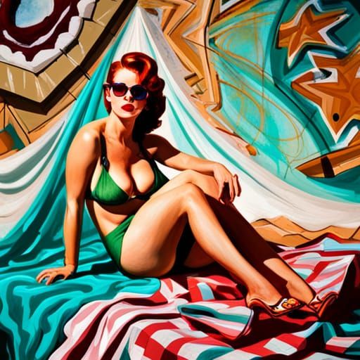 Redhead in Green Bikini, Pin-Up Art Style