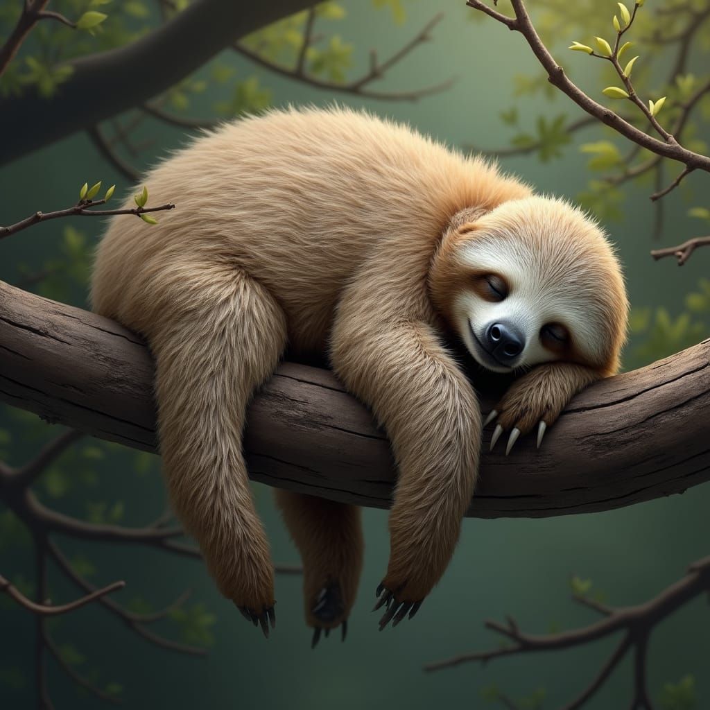 Resting Sloth Asleep on a Branch