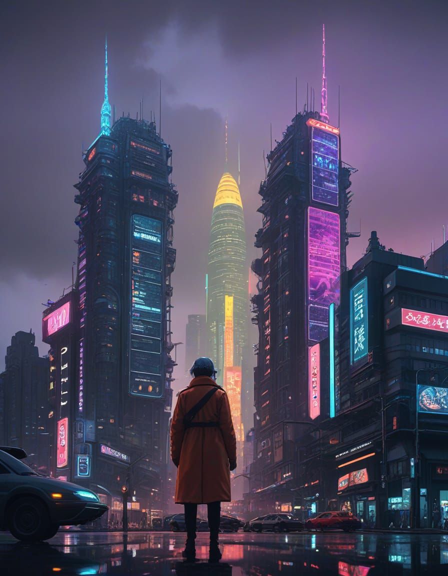 Cyberpunk Cityscape at Night with Neon Lights and Flying Car...