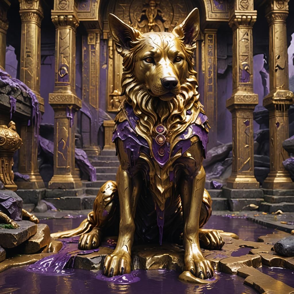Golden Dog God Statue with Purple Blood