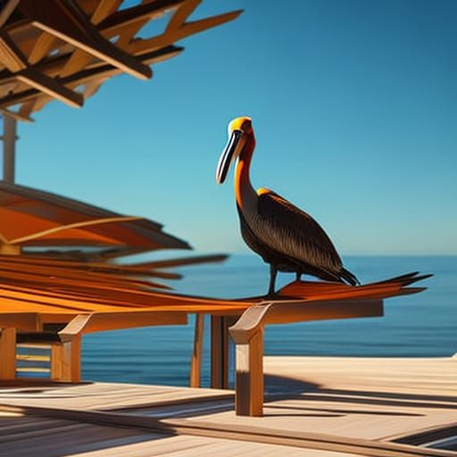 Pelican on Driftwood: Detailed Digital Painting