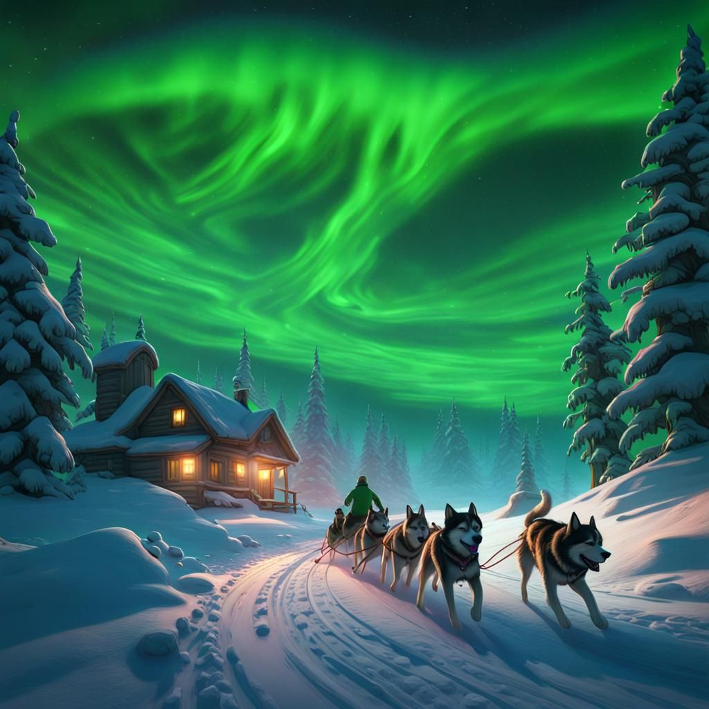 Dog Sledding Race Under Aurora Borealis, Dark Fantasy Art