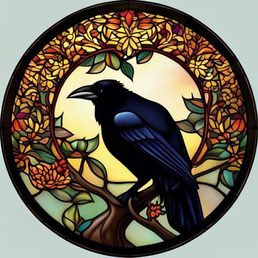 Gothic Art Nouveau Raven in Stained Glass Style
