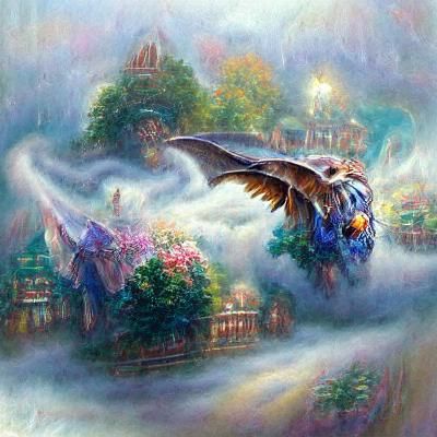 Ethereal Flying Beast in a Misty Landscape